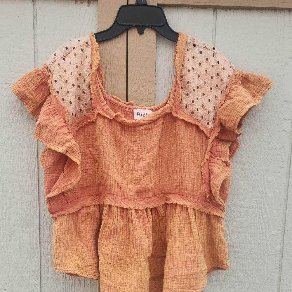 Bibi‎ Anthropologie Boho Charm Peplum Festival Country Eyelet Medium Peach Core